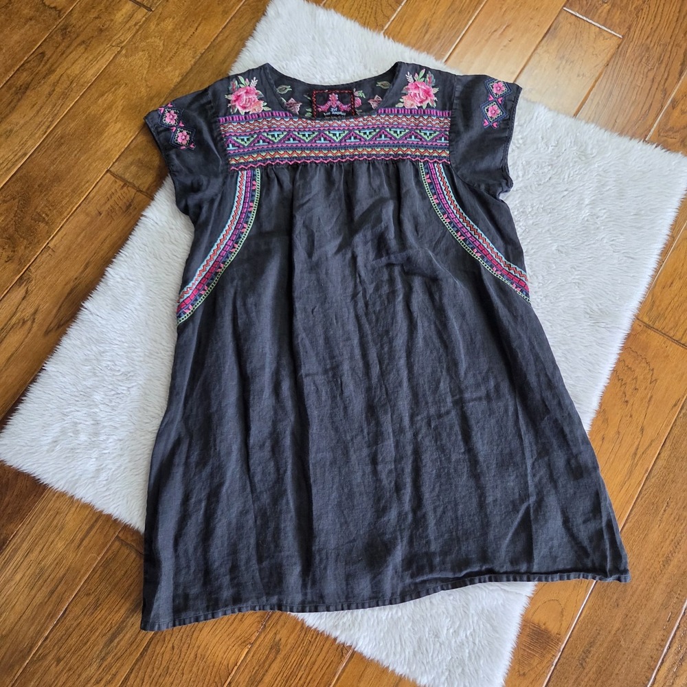Johnny Was Linen Shift Dress Women's XL Embroidered Black Floral